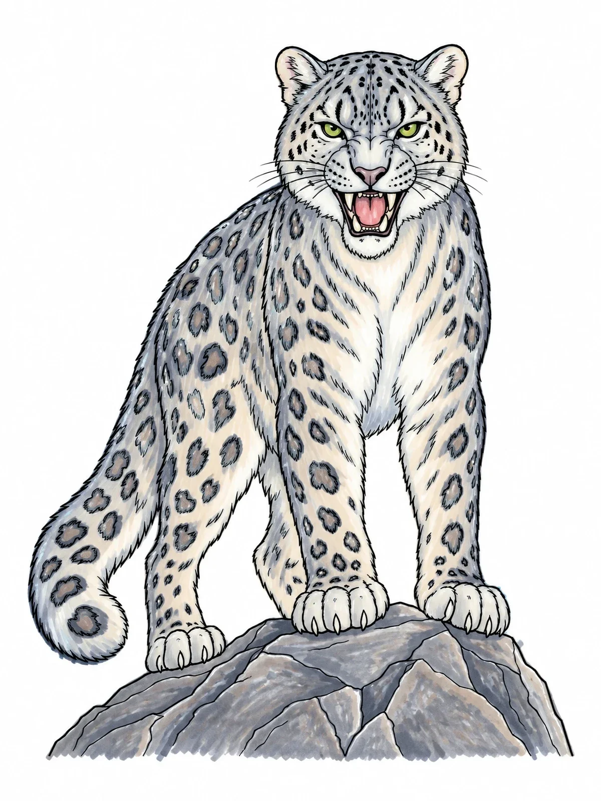 Colored example of the Snarling Snow Leopard On Rock coloring page