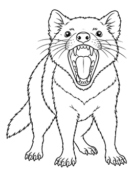 A detailed tasmanian devil coloring page showing the animal yawning with open jaws.