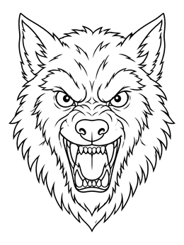 Intense werewolf coloring page featuring a snarling wolf face with sharp fangs.