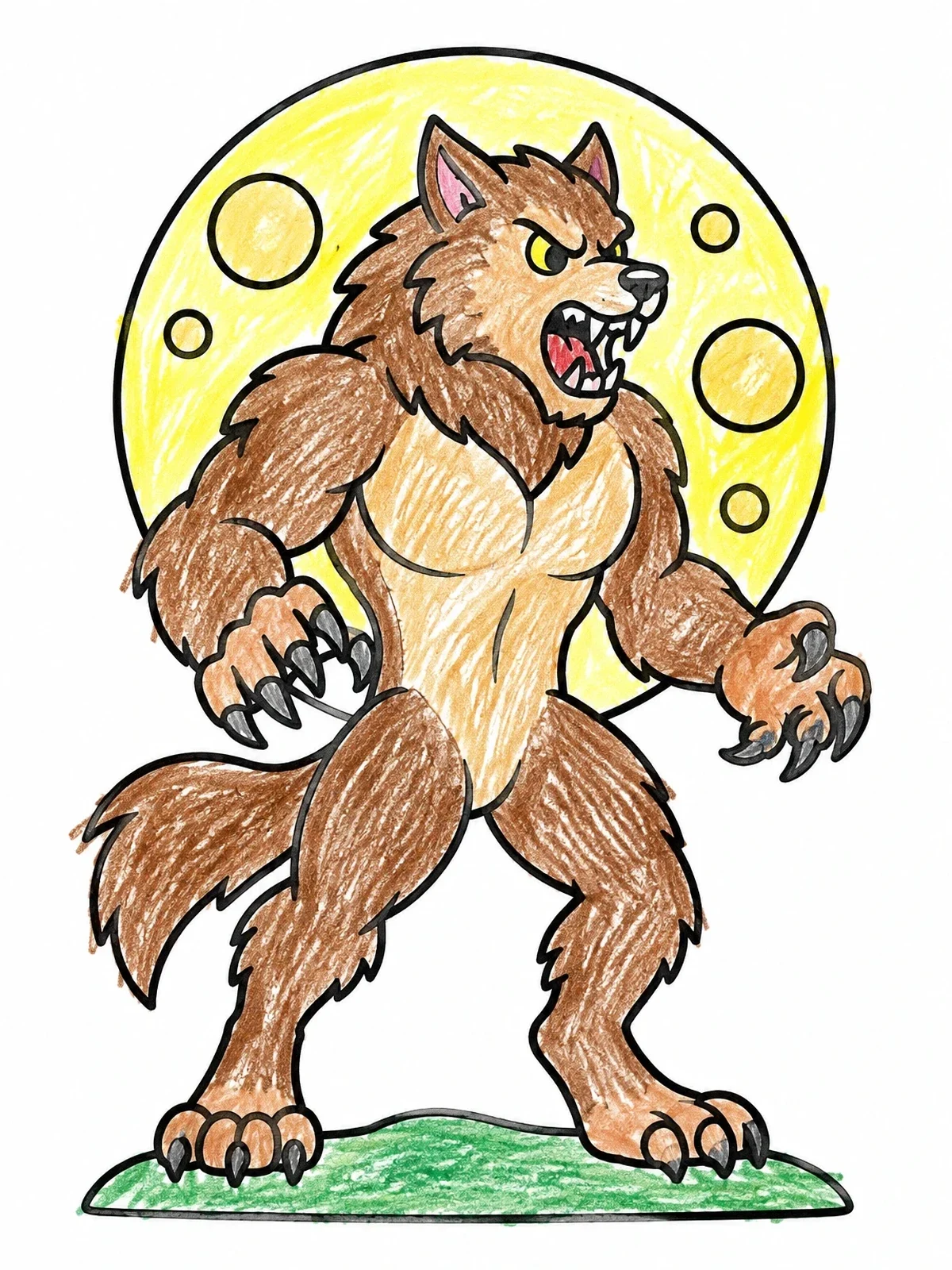 Colored example of the Snarling Werewolf Under The Full Moon coloring page