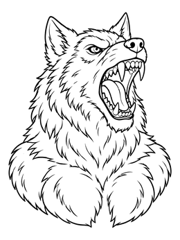 A fierce werewolf coloring page showing an open-mouthed howling wolf bust with sharp fangs.
