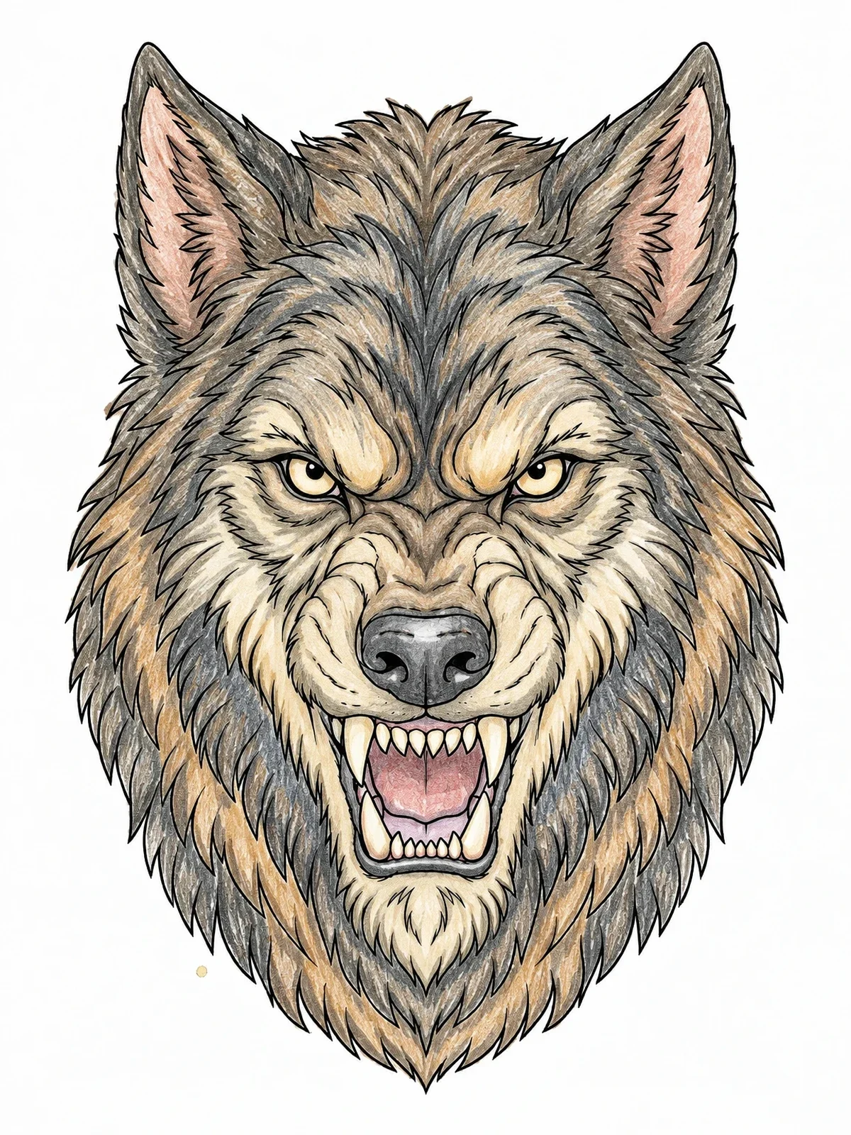 Colored example of the Snarling Werewolf Head Portrait coloring page