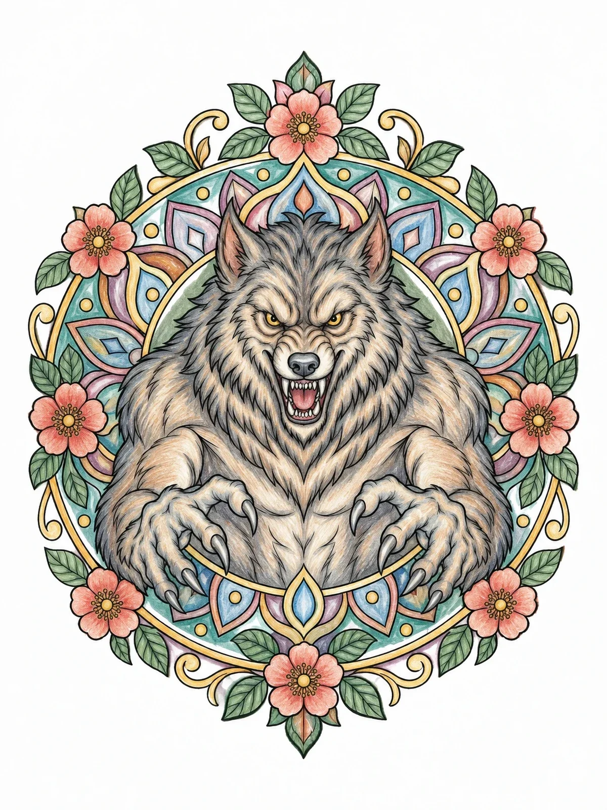 Colored example of the Snarling Werewolf Mandala With Floral Accents coloring page