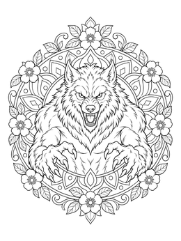 A ferocious werewolf coloring page framed by an ornate circular floral mandala.