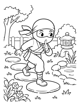 A cute ninja coloring page showing a child tiptoeing on stepping stones near a pond.