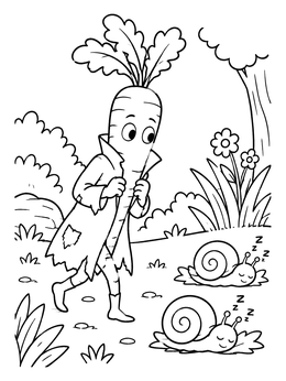 A sneaky carrot coloring page showing a vegetable tiptoeing past sleeping snails in a garden.