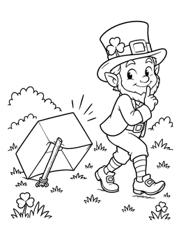 A sneaky leprechaun coloring page showing him tiptoeing past a propped box trap.