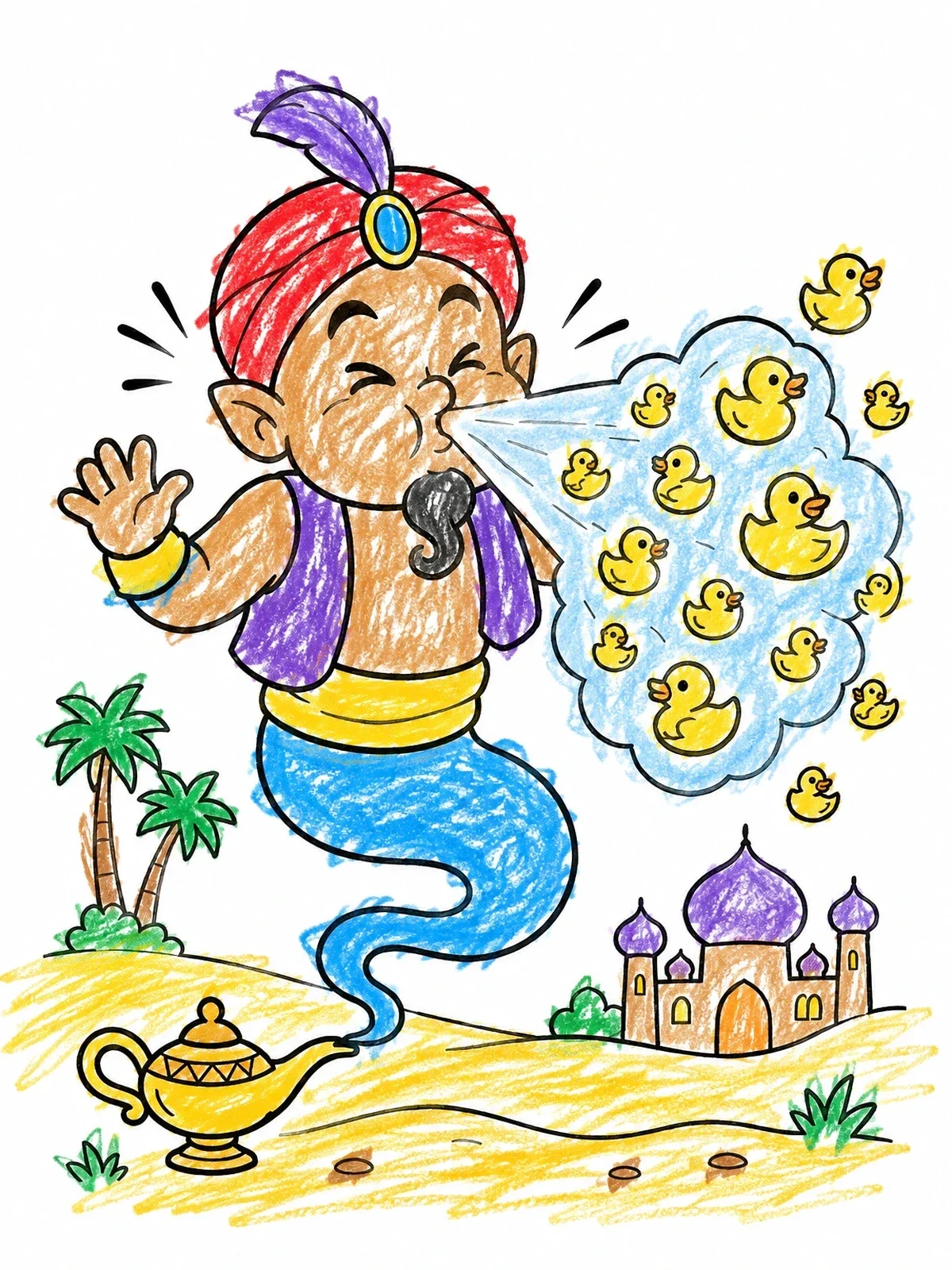 Colored example of the Sneezing Genie And Rubber Ducks coloring page