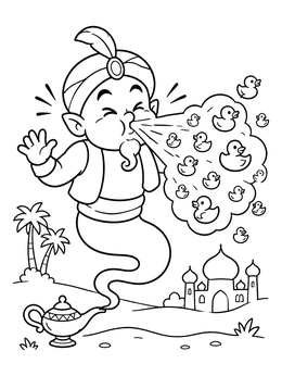 Free printable Sneezing Genie And Rubber Ducks coloring page