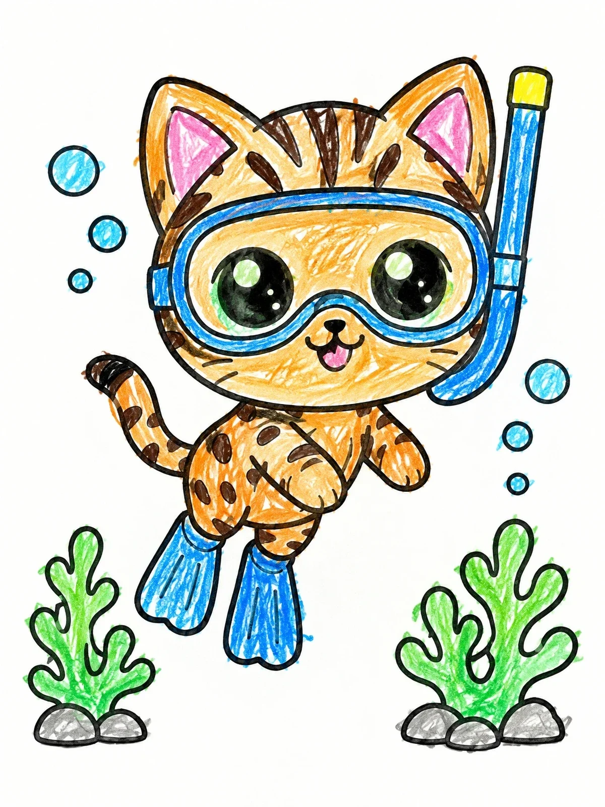 Colored example of the Snorkeling Bengal Kitten Underwater coloring page