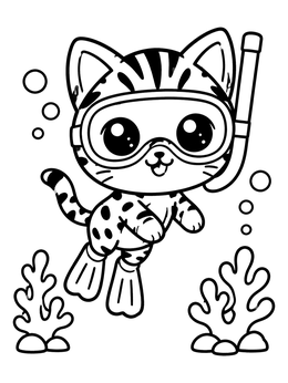 Free printable Snorkeling Bengal Kitten Underwater coloring page