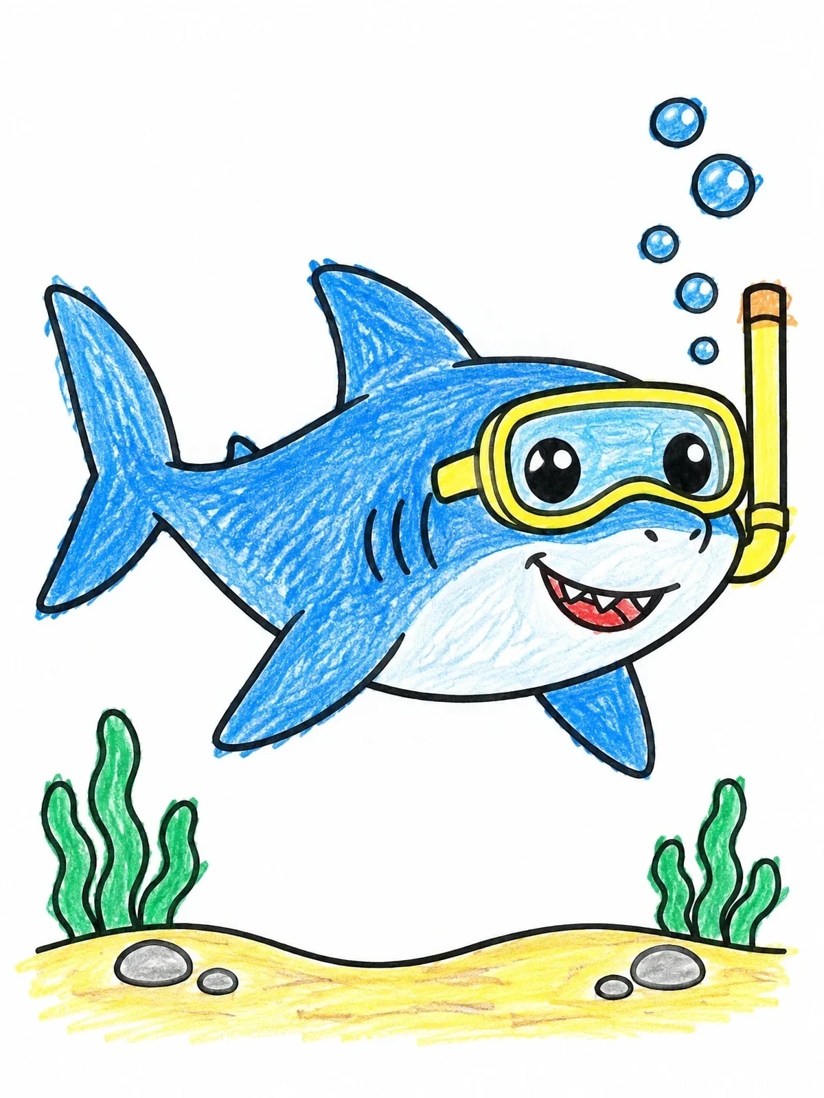 Colored example of the Snorkeling Cartoon Bull Shark coloring page