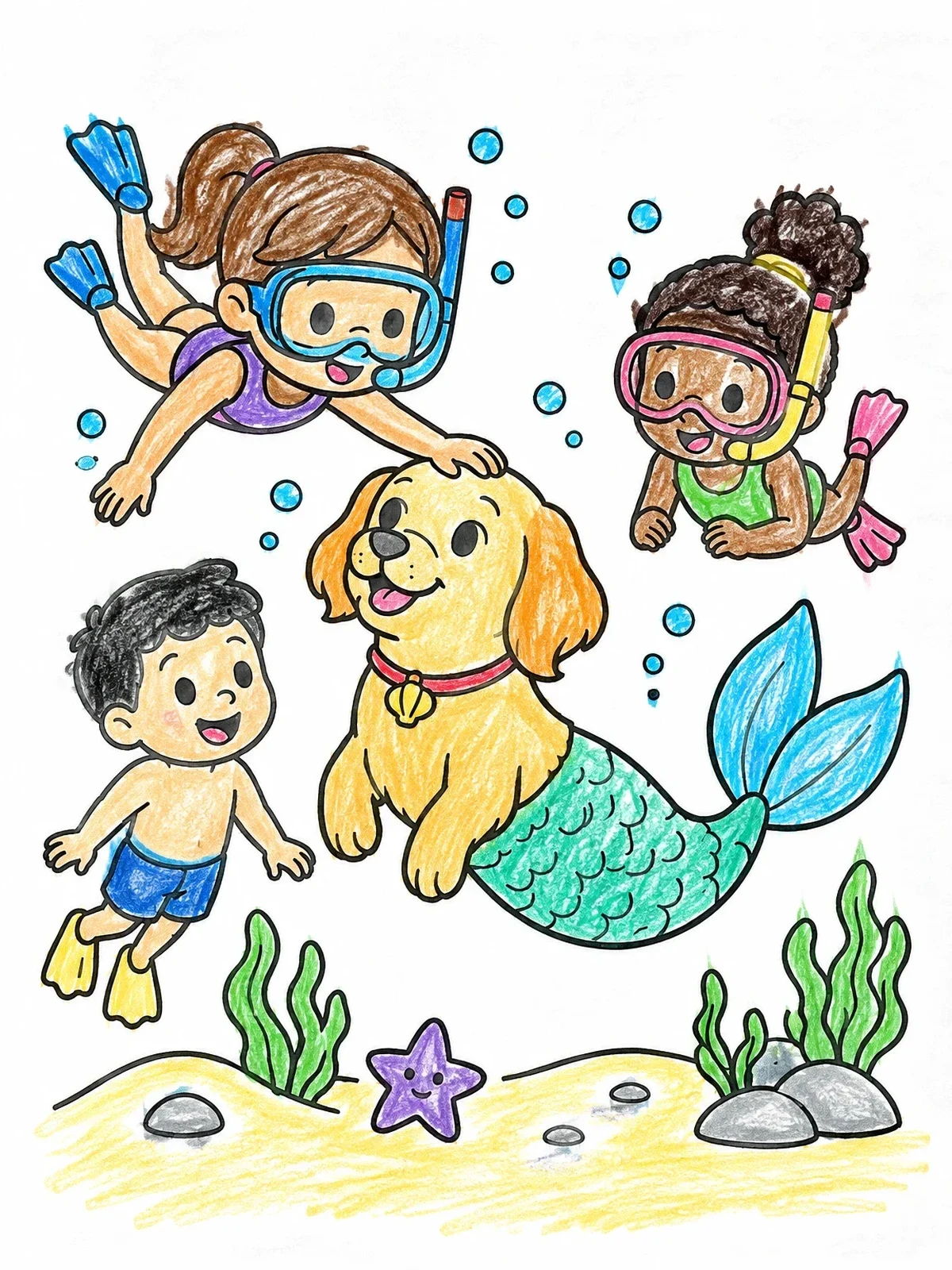 Colored example of the Snorkeling Kids With Mer Dog Underwater coloring page