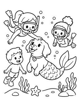 Free printable Snorkeling Kids With Mer Dog Underwater coloring page
