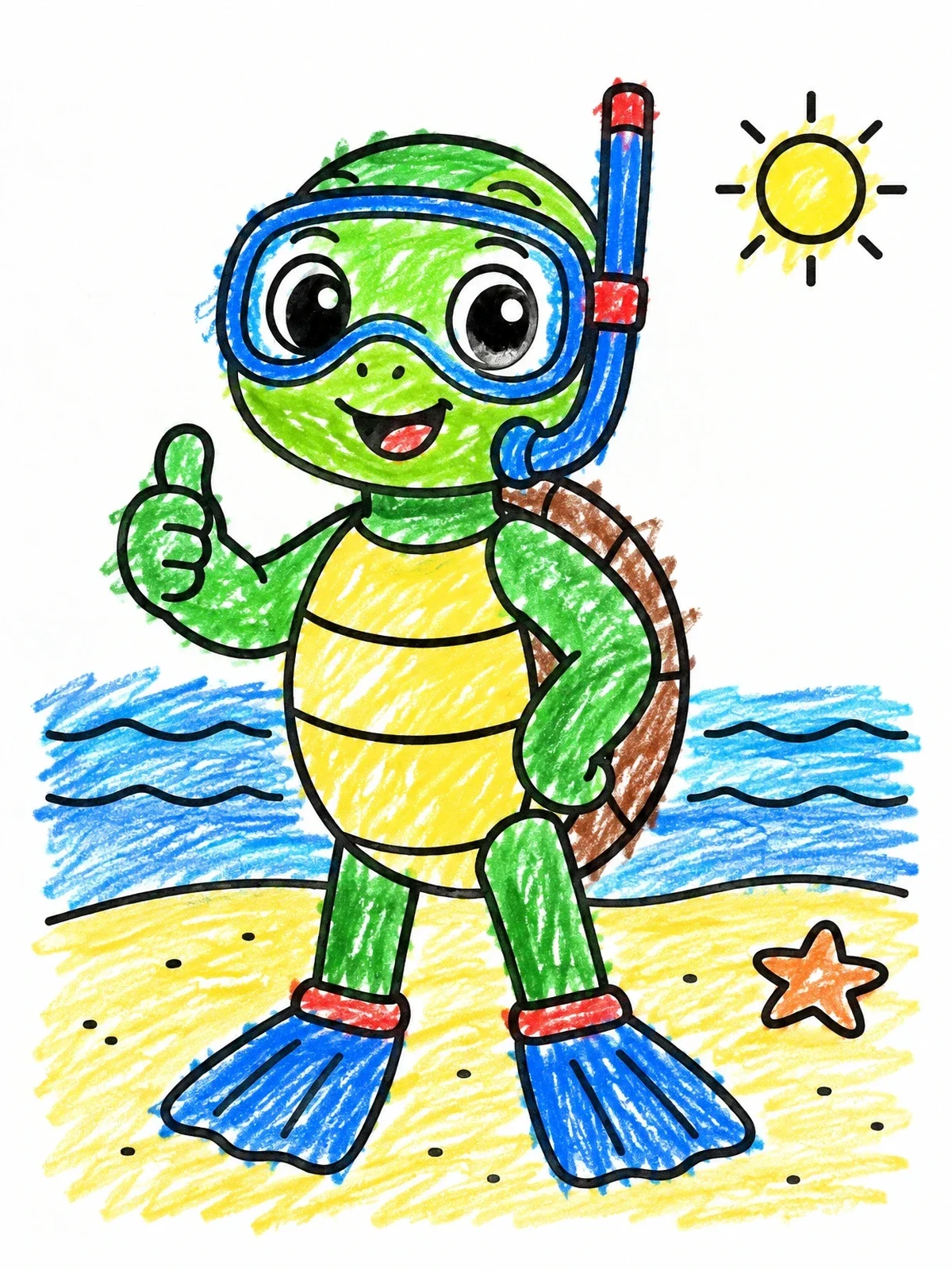 Colored example of the Snorkeling Sea Turtle On The Beach coloring page