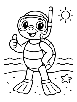 A cheerful sea turtle coloring page with snorkel mask and flippers standing on a sunny beach.