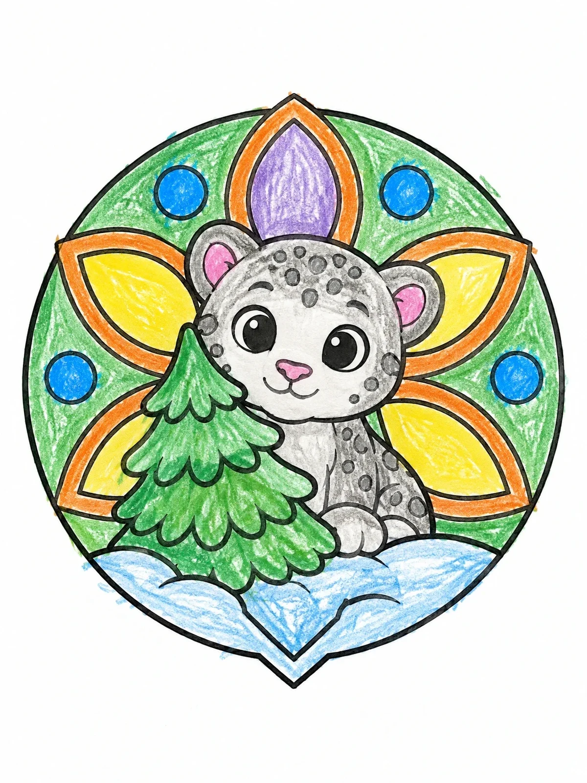 Colored example of the Cute Snow Leopard Cub With Tree coloring page