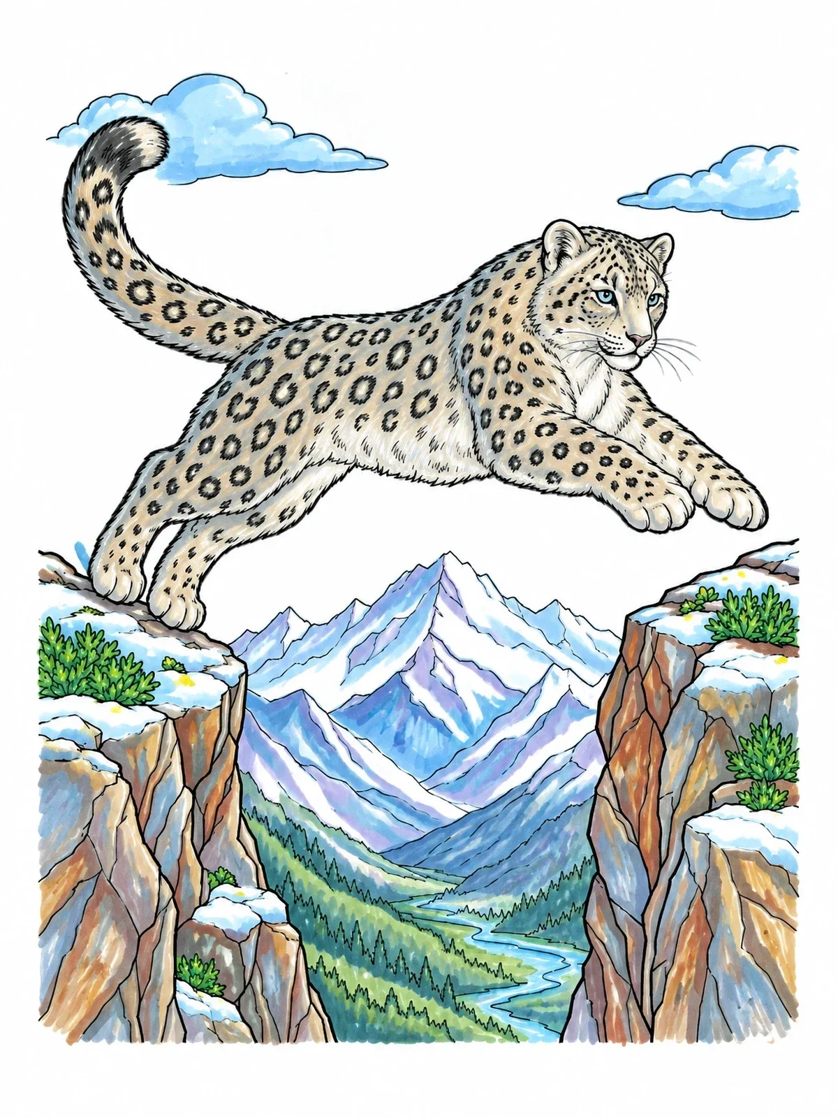 Colored example of the Leaping Snow Leopard Over Mountain Chasm coloring page