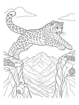 Free printable Leaping Snow Leopard Over Mountain Chasm coloring page