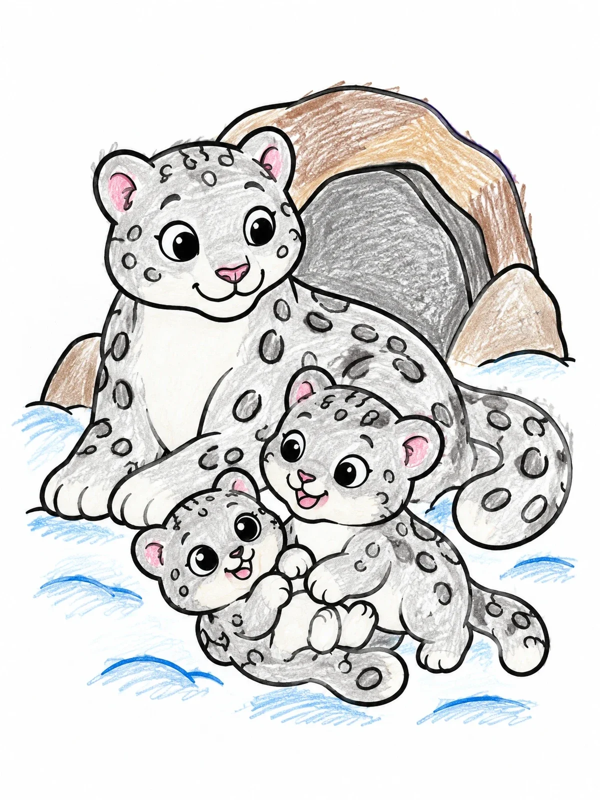 Colored example of the Mother Snow Leopard With Playful Cubs coloring page