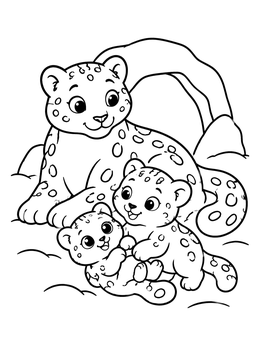 Free printable Mother Snow Leopard With Playful Cubs coloring page
