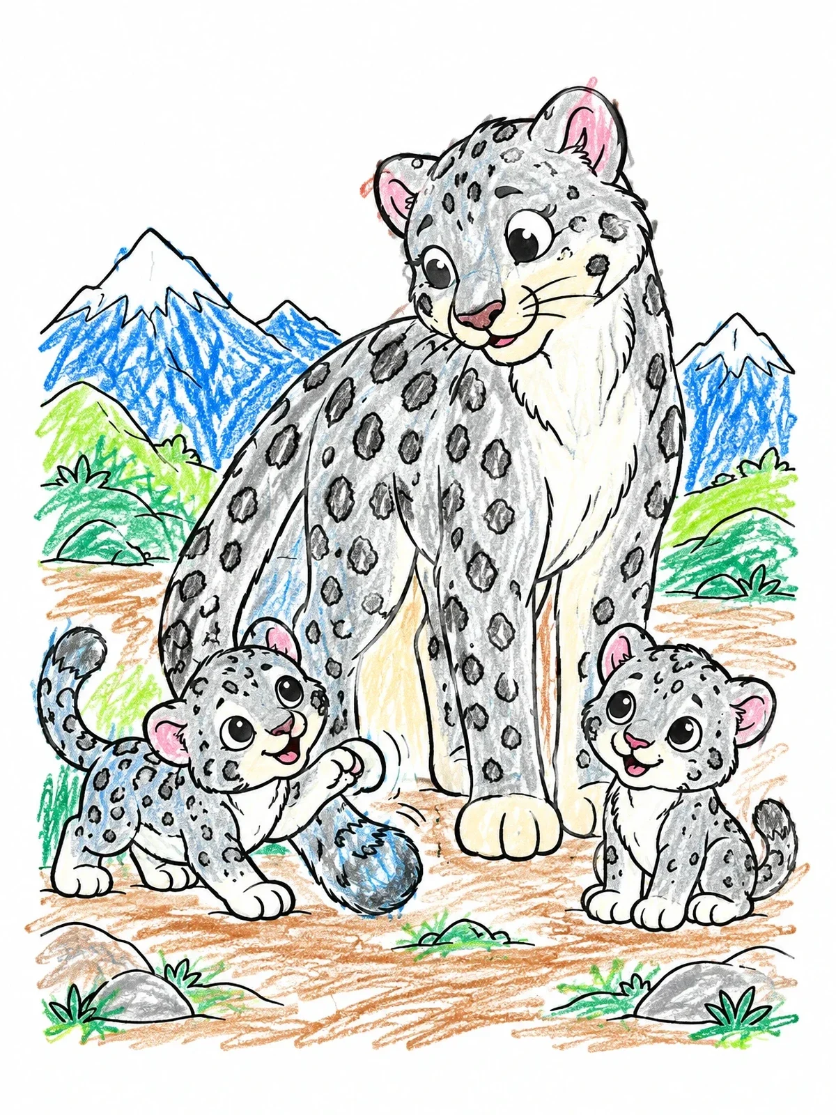 Colored example of the Snow Leopard Mother And Playful Cubs coloring page
