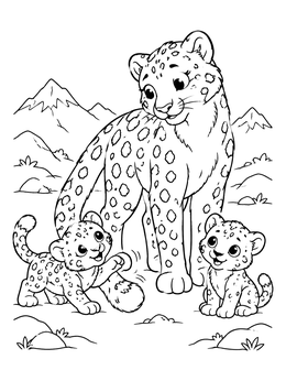 Free printable Snow Leopard Mother And Playful Cubs coloring page