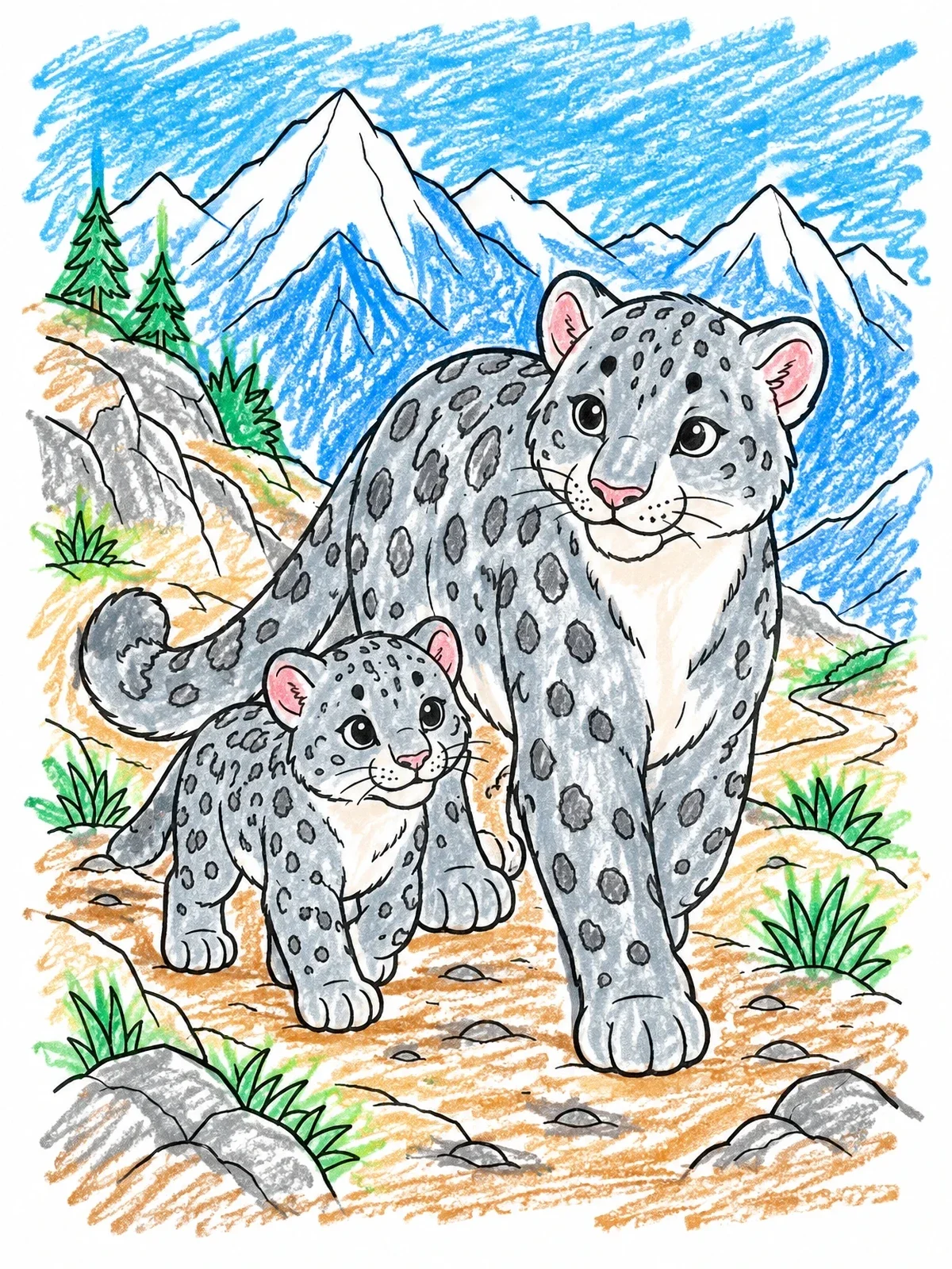 Colored example of the Snow Leopard Mother And Cub coloring page
