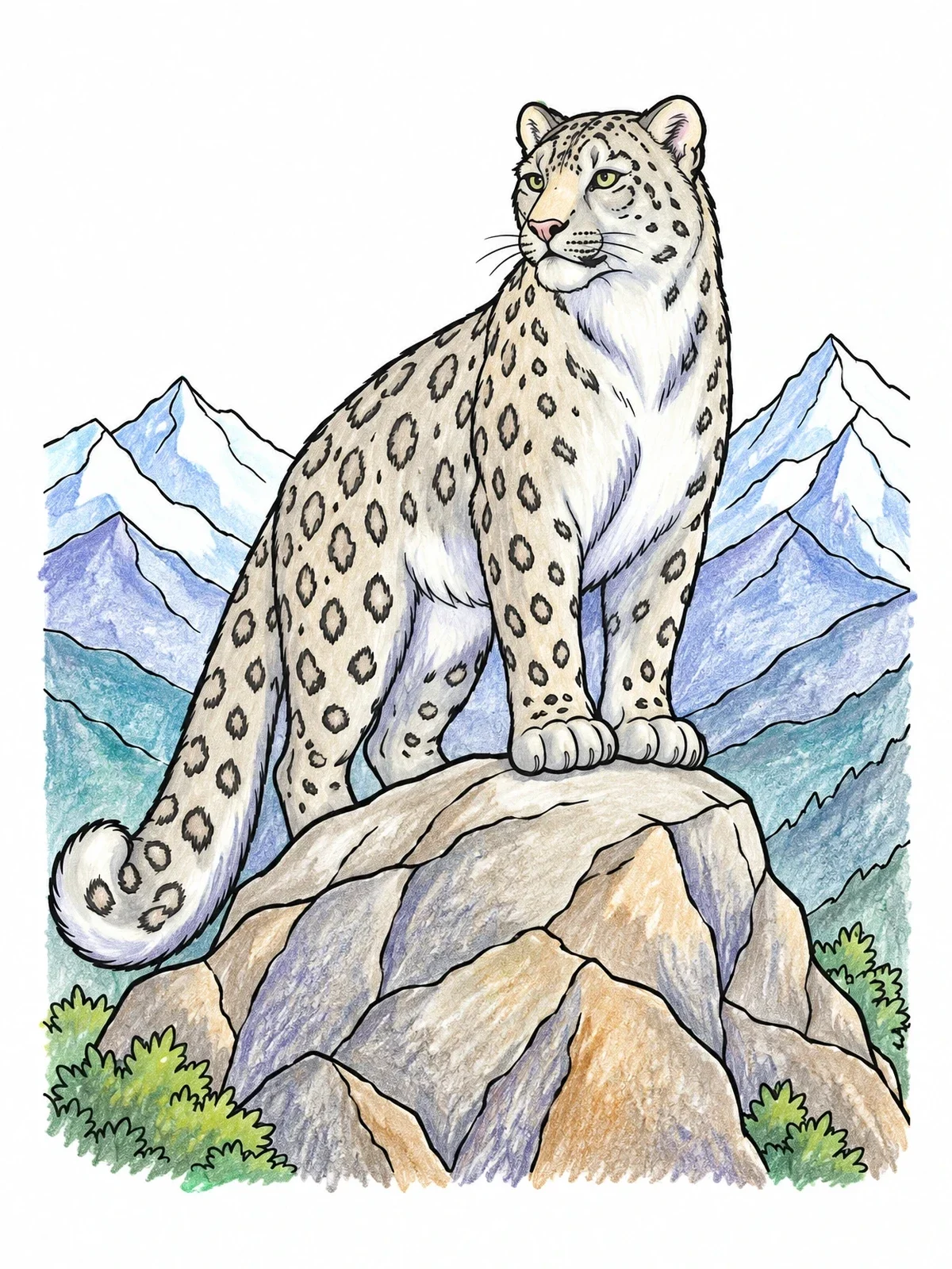 Colored example of the Snow Leopard On Mountain Boulder coloring page