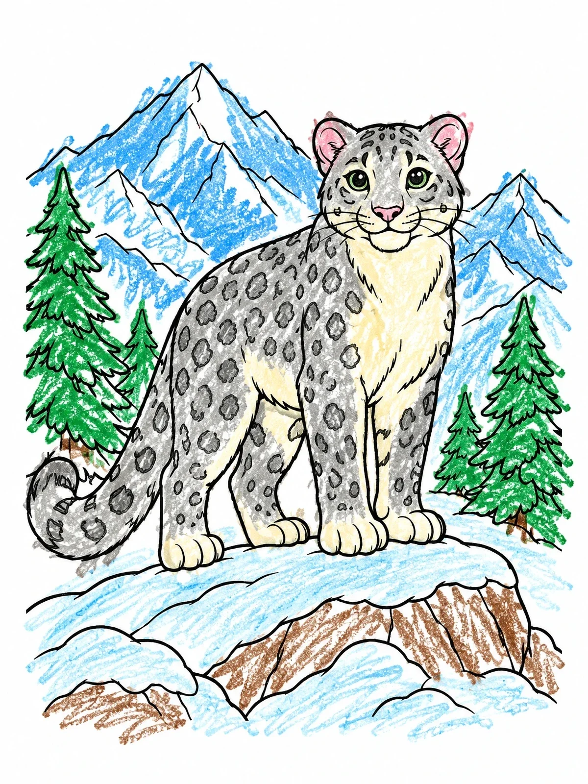 Colored example of the Alert Snow Leopard On Mountain Ridge coloring page
