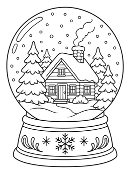 A cozy snow globe featuring a cabin and pine trees in this snowball coloring page.