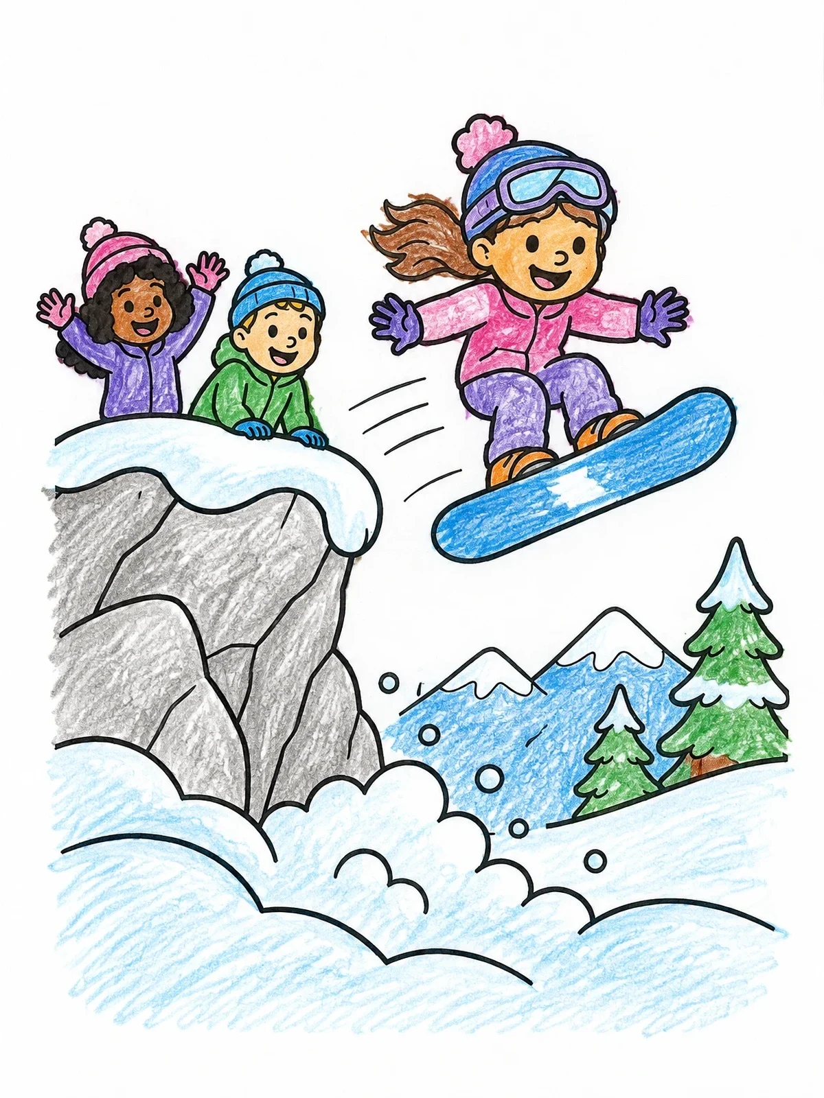Colored example of the Child Snowboarder Jumping Off Cliff coloring page