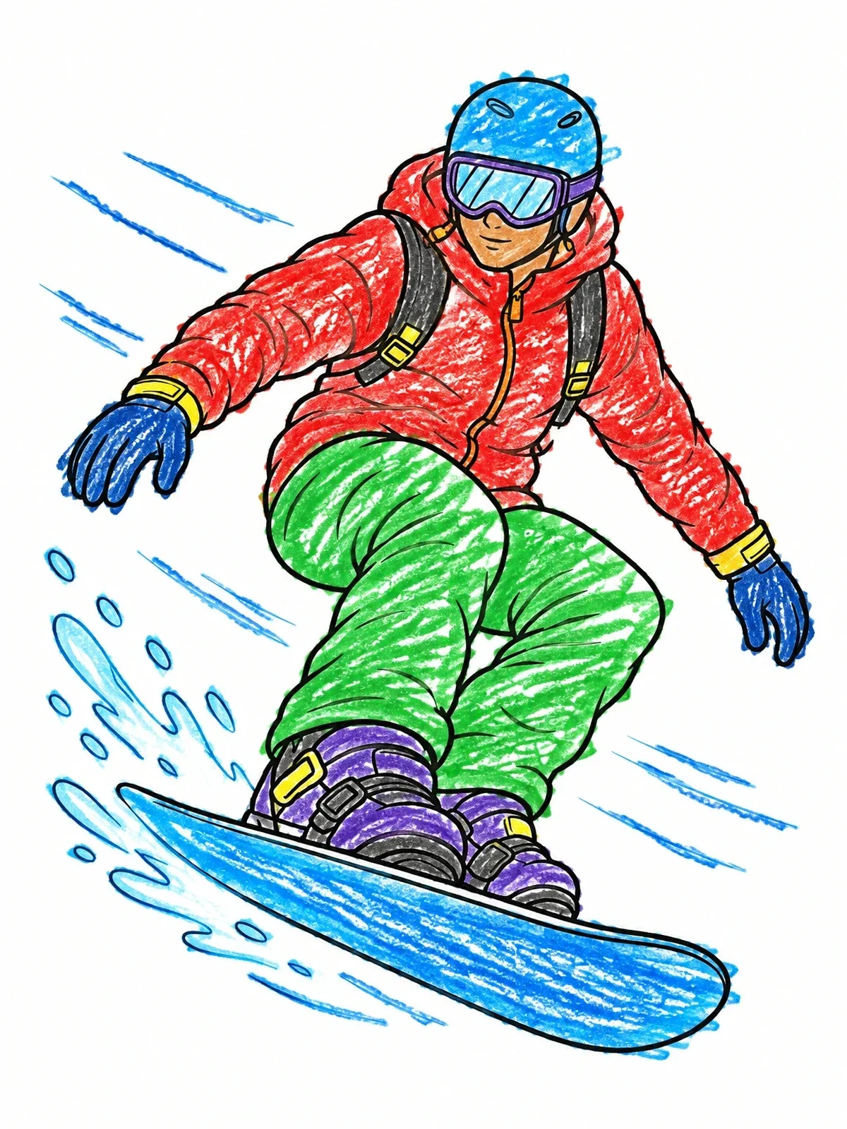 Colored example of the Fast Snowboarder Carving Downhill coloring page