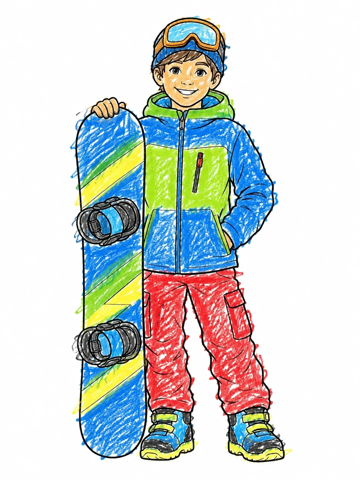 Colored example of the Smiling Boy With Snowboard coloring page