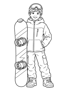 A smiling boy in winter gear stands next to his board on this snowboarding coloring page.