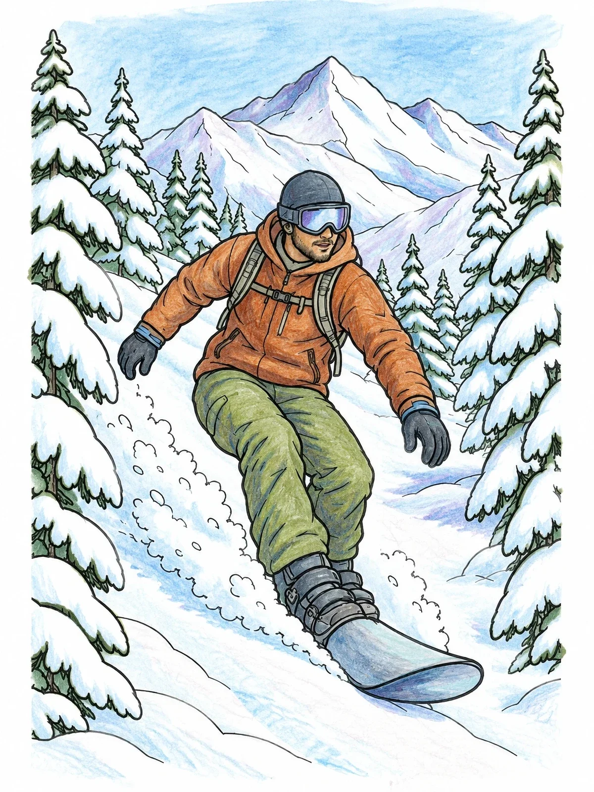 Colored example of the Snowboarder Carving Down Alpine Glade coloring page