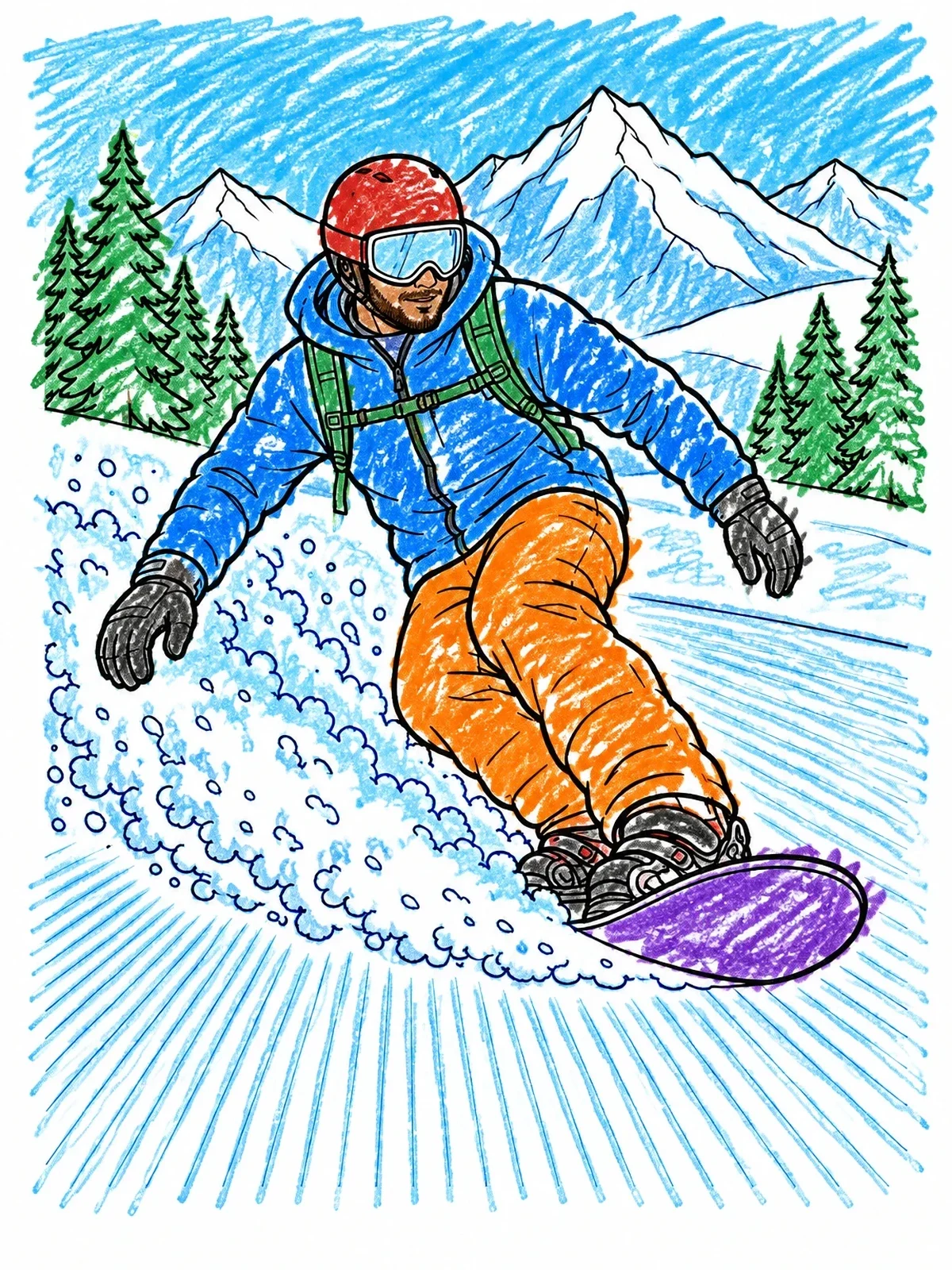 Colored example of the Snowboarder Carving Down Alpine Slopes coloring page