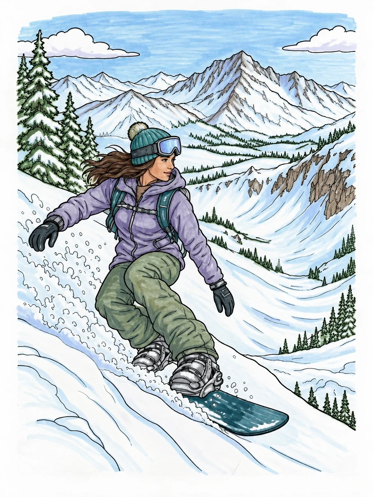 Colored example of the Snowboarder Carving Down Mountain Slope coloring page