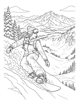 A woman riding down a mountain in this detailed snowboarding coloring page.