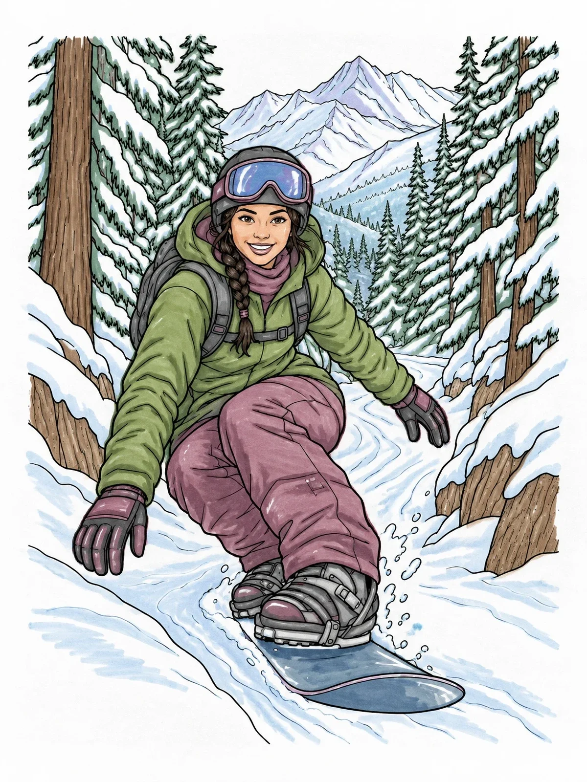 Colored example of the Snowboarder Carving Through Pine Forest coloring page