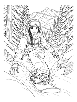 A girl carves down a mountain trail on this snowboarding coloring page.