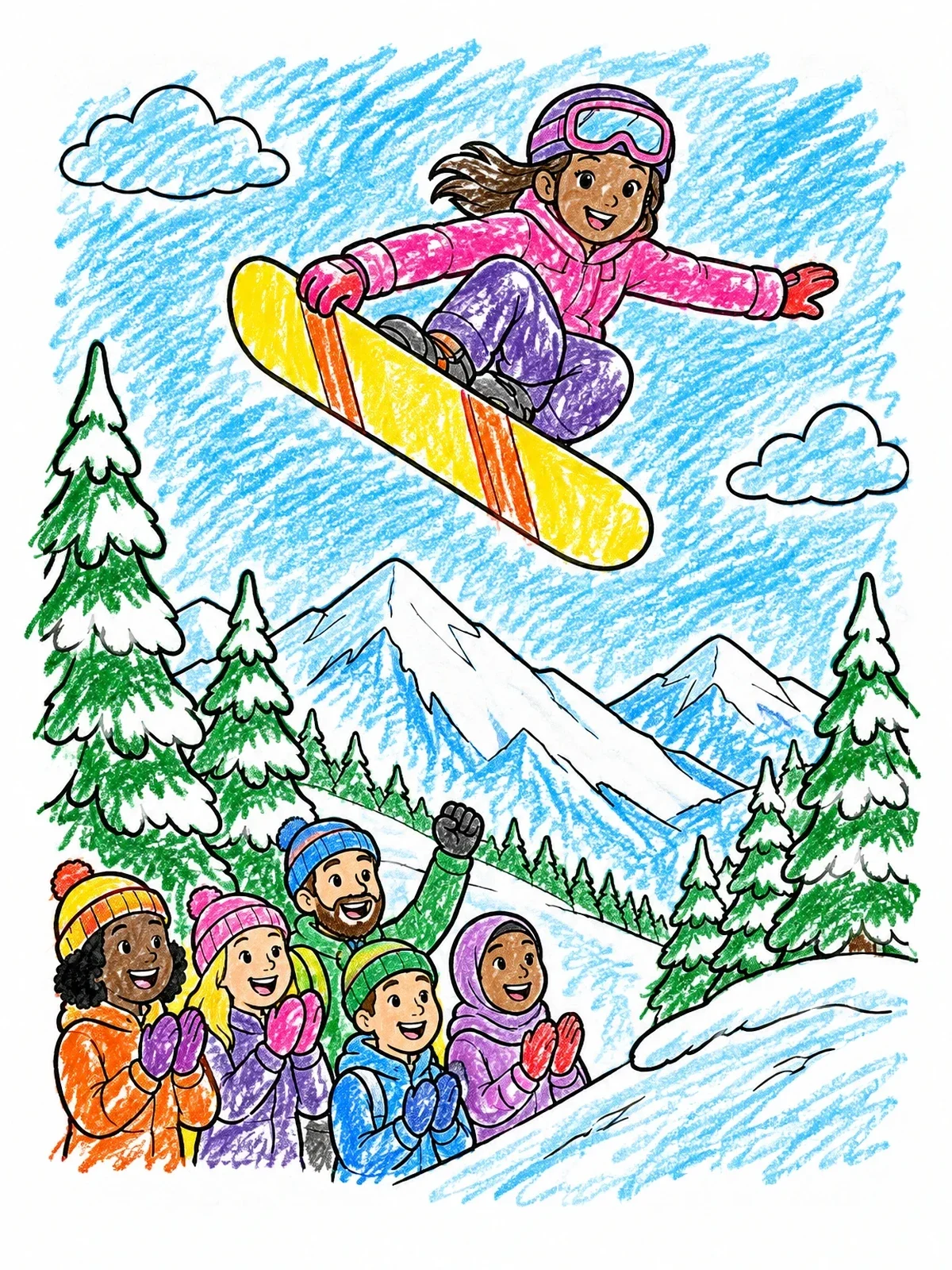 Colored example of the Snowboarder Flying High Above Cheering Spectators coloring page