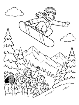 Free printable Snowboarder Flying High Above Cheering Spectators coloring page