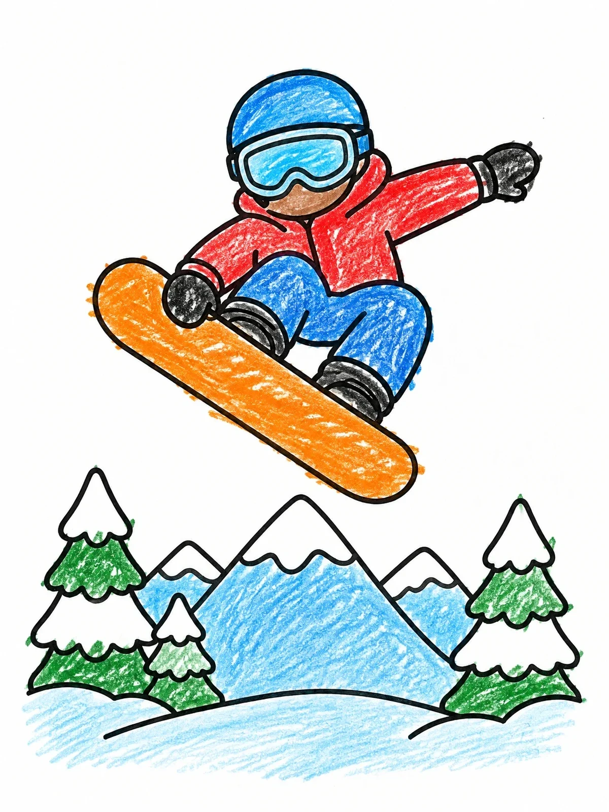 Colored example of the Snowboarder Jumping Over Snowy Mountains coloring page