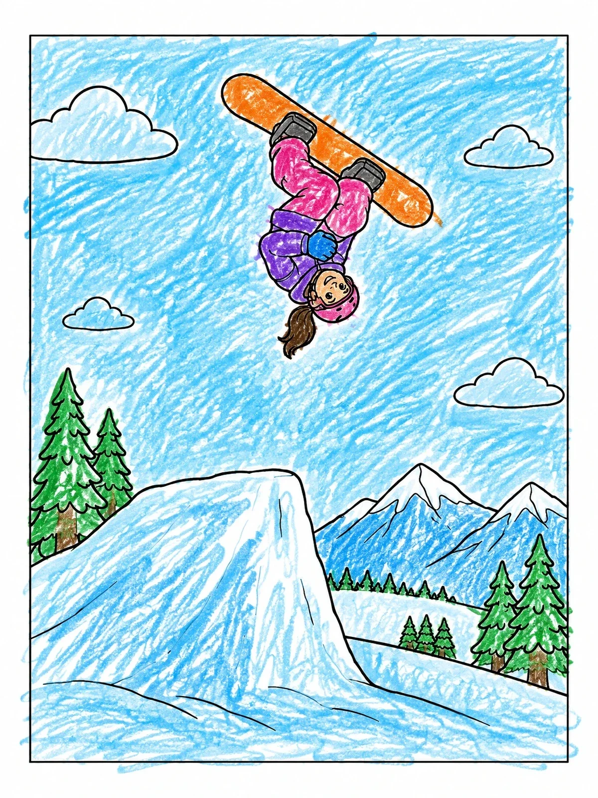 Colored example of the Snowboarder Mid Air Backflip Jump coloring page