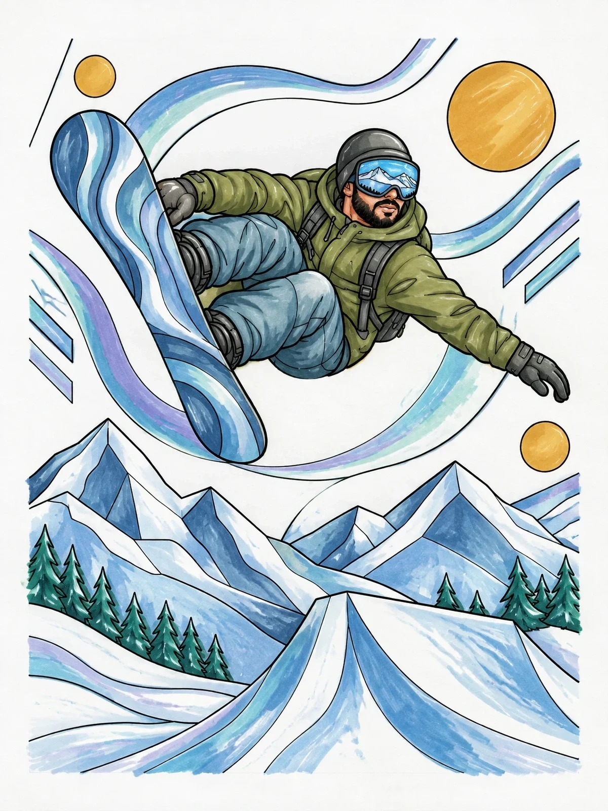 Colored example of the Snowboarder Mid Air Jump Over Mountains coloring page