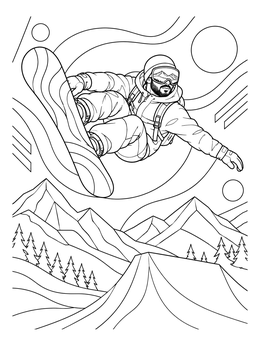 A dynamic snowboarding coloring page of an athlete jumping high above snowy mountain peaks.