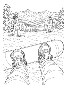 A snowboarding coloring page showing a first-person view of boots on a board looking down a mountain slope.