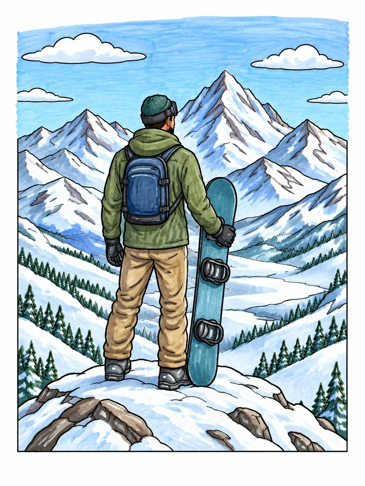 Colored example of the Snowboarder Overlooking Mountain Peaks coloring page