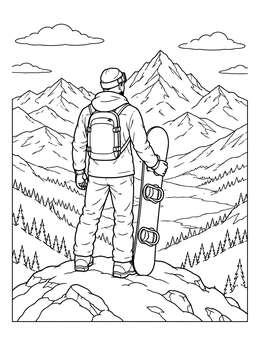 A snowboarder holding their board stands on a ridge in this snowboarding coloring page.